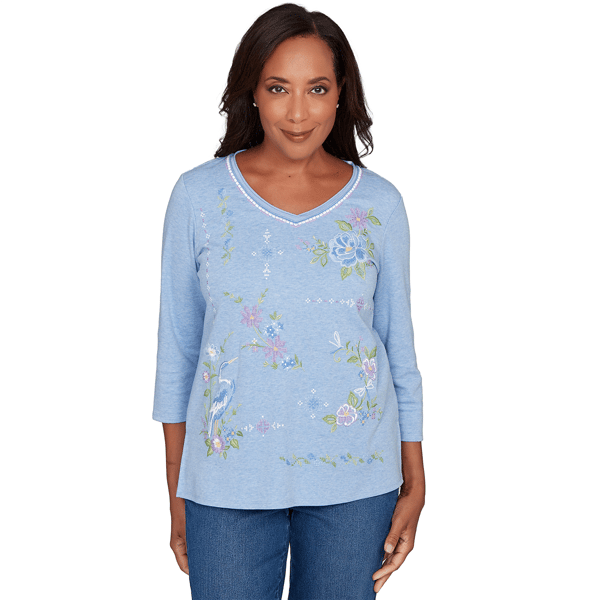 Petites Alfred Dunner Hilton Head Cross Stitched Floral Top - image 