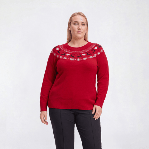 Plus Size Retrology Long Sleeve Reindeer Fair Isle Sweater - image 