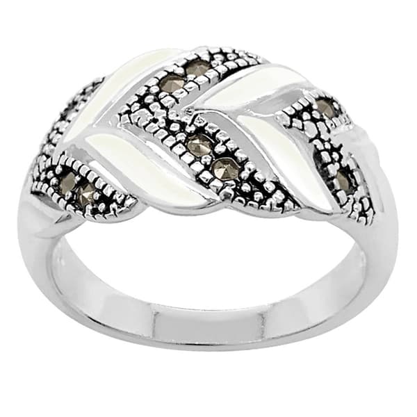 Marsala Silver Plated Marcasite & Mother of Pearl Leaf Ring - image 