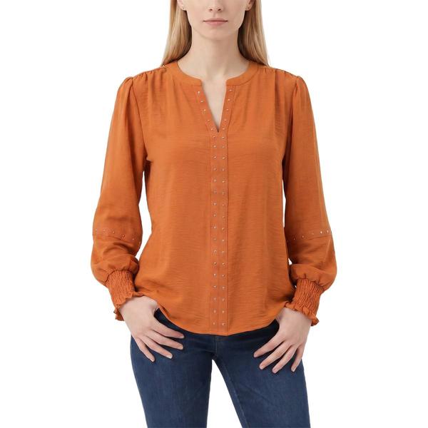 Petite NY Collection Long Smocked Sleeve Studded Detail Blouse