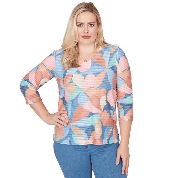 Petites Alfred Dunner Beachcomber Abstract Floral V Neck Top