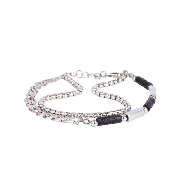 Mens Iron Saints Onyx Bead & Layered Curb Chain Bracelet - image 