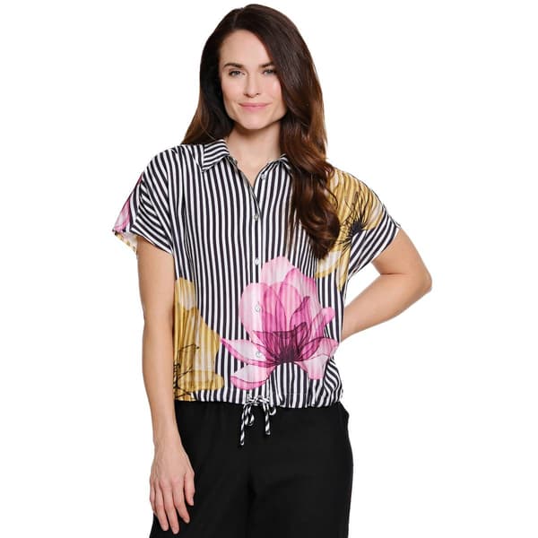 Womens Ali Miles Short Sleeve Stripe Floral Drawstring Hem Blouse
