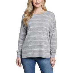 Petite NY Collection Long Sleeve Crew Neck Stripe Hacci Blouse