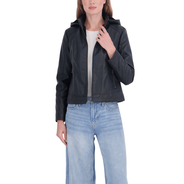 Sebby Collection Women''s Faux Leather Hooded Jacket with Faux Fu
