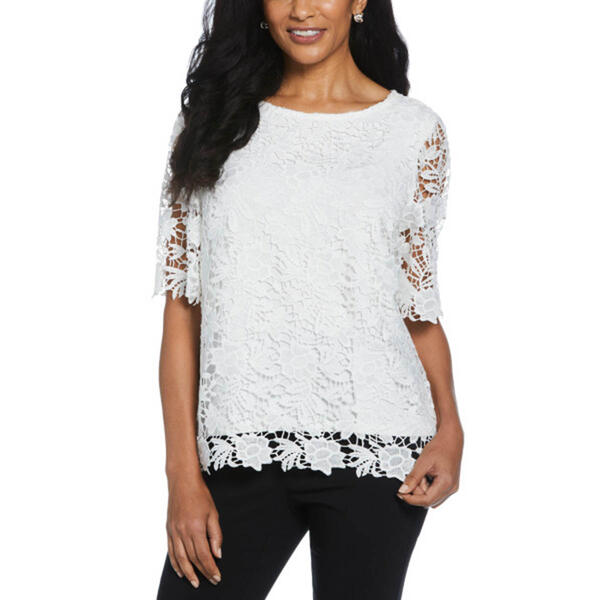 Petite Rafaella&#40;R&#41; Short Sleeve Scalloped Lace Top - image 
