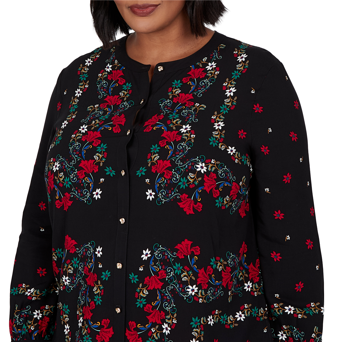 Plus Size Ruby Rd. Mysterious Romance Dramatic Floral Blouse