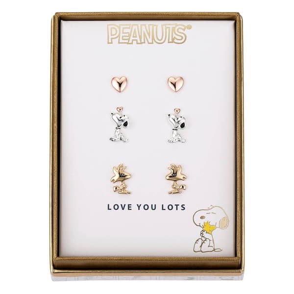 Shine 3pr. Peanuts Snoopy & Woodstock Heart Stud Earrings Set