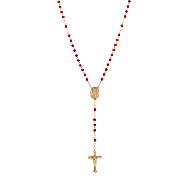 Symbols of Faith Gold-Tone Red Bead Our Lady of Guadalupe Rosary - image 