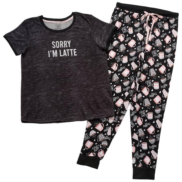 Juniors Pillow Talk Short Sleeve Sorry I&#39;&#39;m Latte Pajama Set - image 