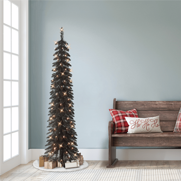 Puleo International Pre-Lit Black Alpine Pencil Christmas Tree