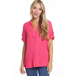 Womens Multiples Roll Cuff Sleeve V-Neck Solid Crinkle Top