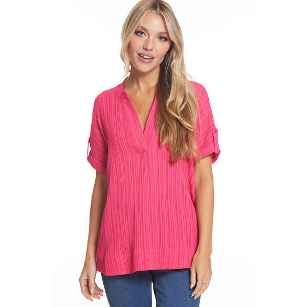Petite Multiples Roll Cuff Sleeve V-Neck Solid Crinkle Top - image 