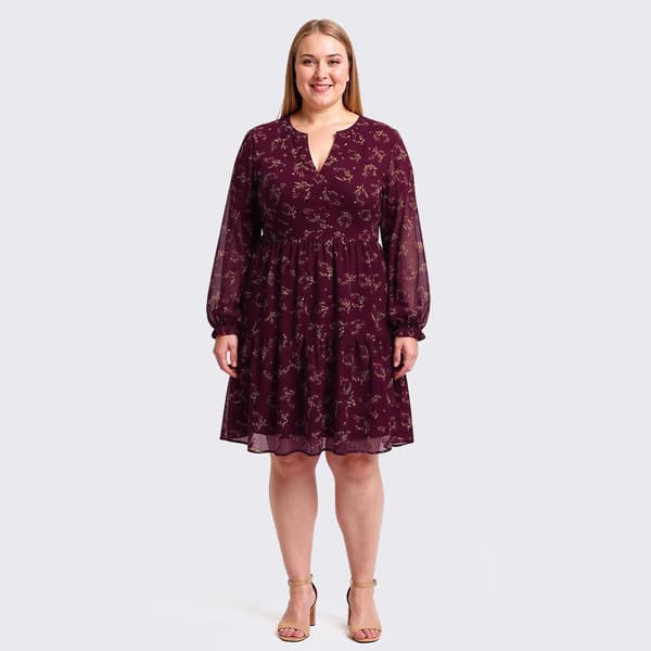 Plus Size Perceptions Long Sleeve Floral Chiffon Babydoll Dress