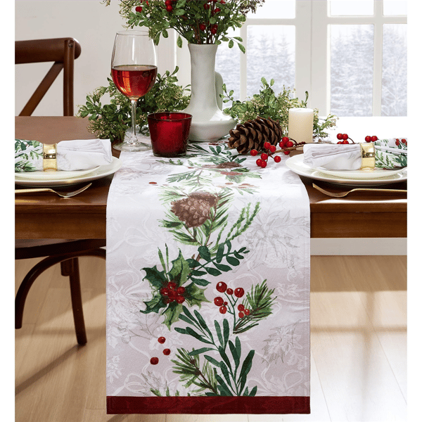 Threadmade Holly Berry Flourish Holiday Fabric Table Runner