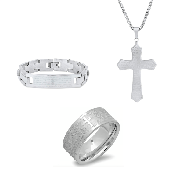 Mens Iron Saints Faith Silver Lord’s Prayer Engraved 3pc. Set