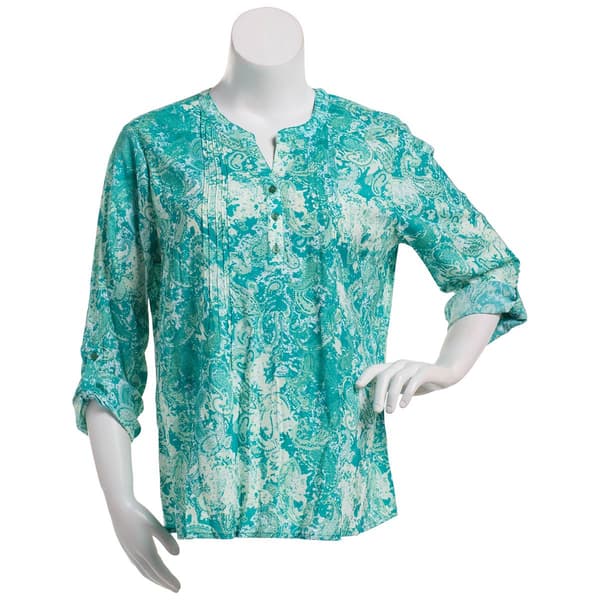 Plus Size Notations 3/4 Sleeve Tie Dye Paisley Pleat Tuwa Henley
