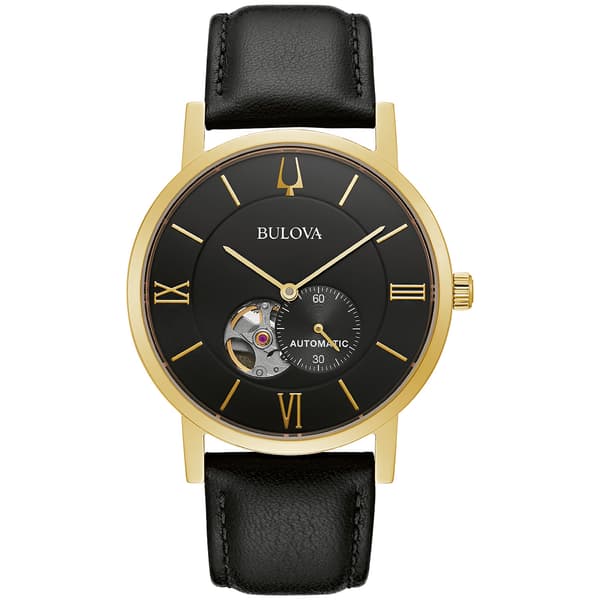 Mens Bulova Automatic Goldtone Black Leather Strap Watch - 97A154