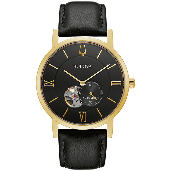 Mens Bulova Automatic Goldtone Black Leather Strap Watch - 97A154 - image 