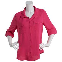 Womens Cure 3/4 Sleeve Roll Tab Button Front Top w/Pockets