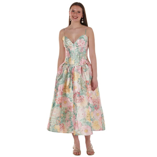 Juniors Emerald Sundae Floral Corset Box Pleat A-Line Dress