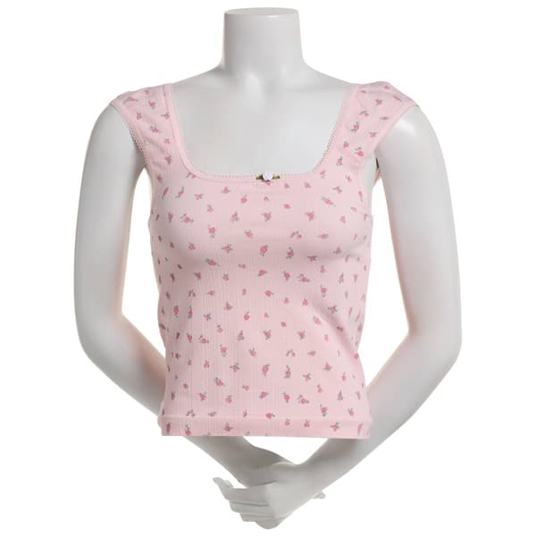 Juniors Pink Rose Ditsy Pointelle Seamless Tank Top with Rosette