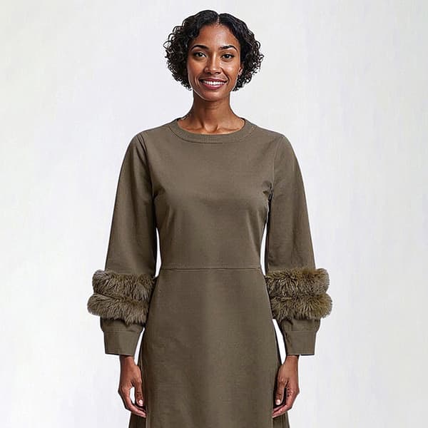 Womens Birch Long Sleeve Fur Trim Cuff Solid Sweater Dress