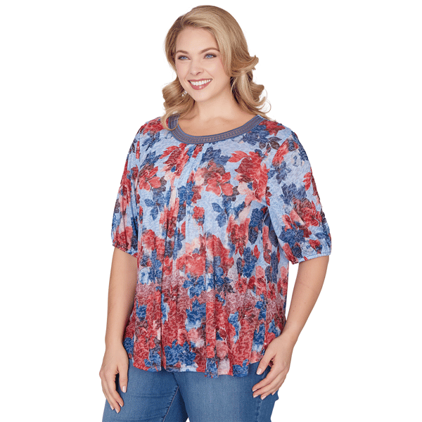 Plus Size Ruby Rd. French Riviera Pleated Floral Lace Trim Blouse