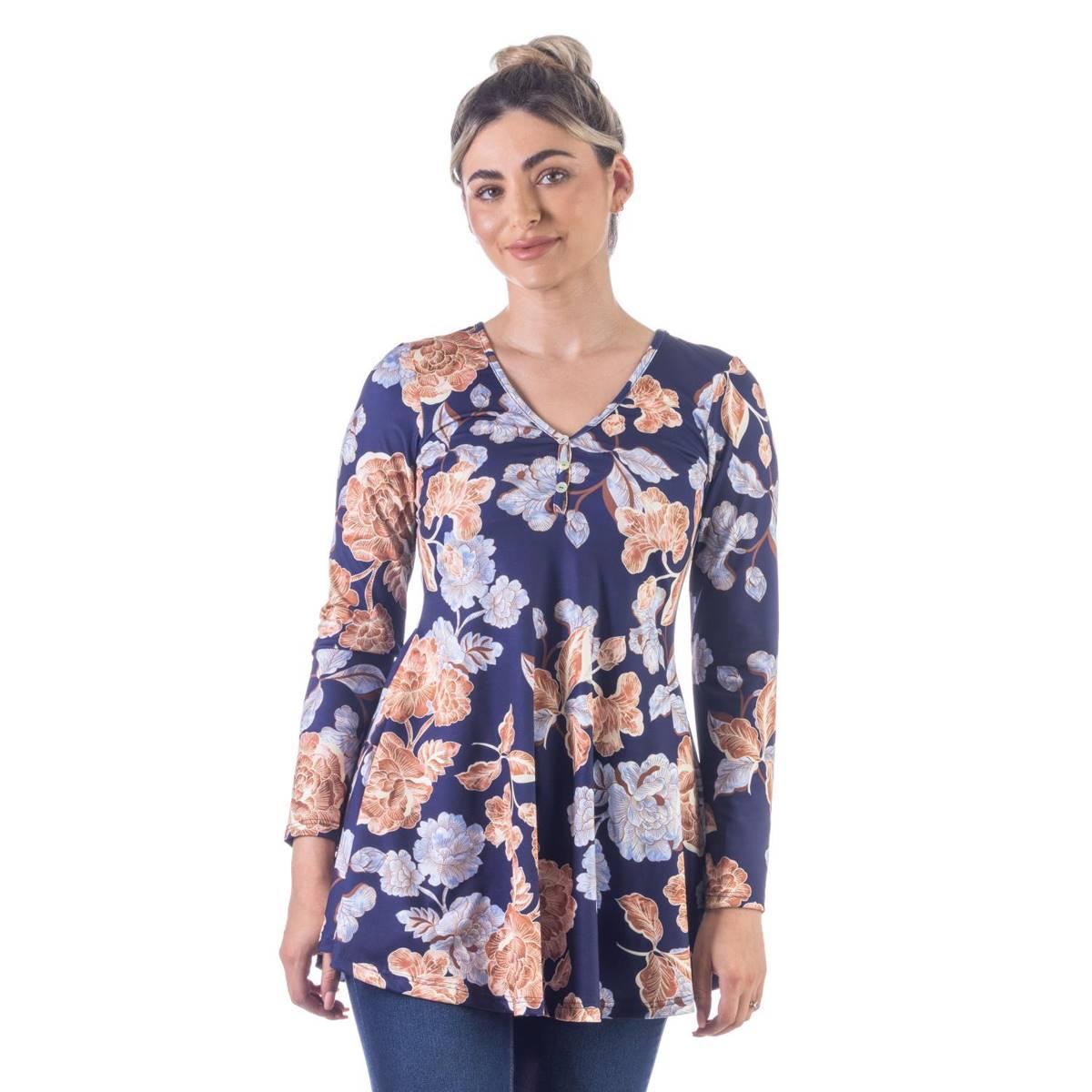 Womens 24/7 Comfort Apparel Floral Long Sleeve Tunic
