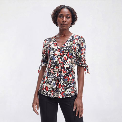 Womens Anne Klein Tie Sleeve Button Front V-Neck Floral Blouse - image 