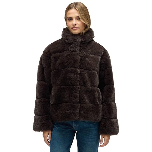 Womens NVLT Wide Stripe Faux Fur Coat with Stand Collar