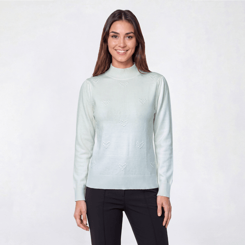Womens Retrology Mock Neck Solid Textured Heart Sweater