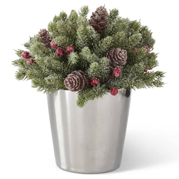 K&K Interiors Glitter Pine Ball in Silver Ceramic Pot - image 
