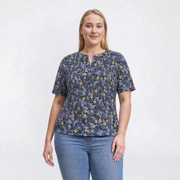 Plus Size Napa Valley Short Sleeve Floral Pleat Henley Blouse - image 