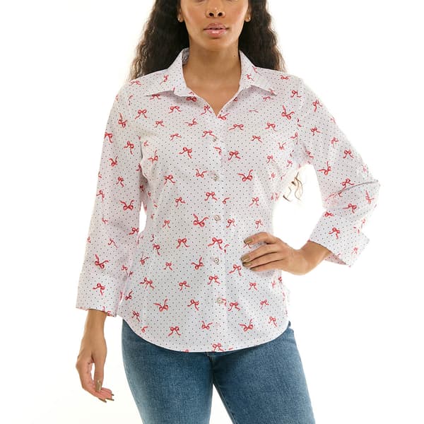 Womens Zac & Rachel 3/4 Sleeve Bow and Dot Casual Button Down