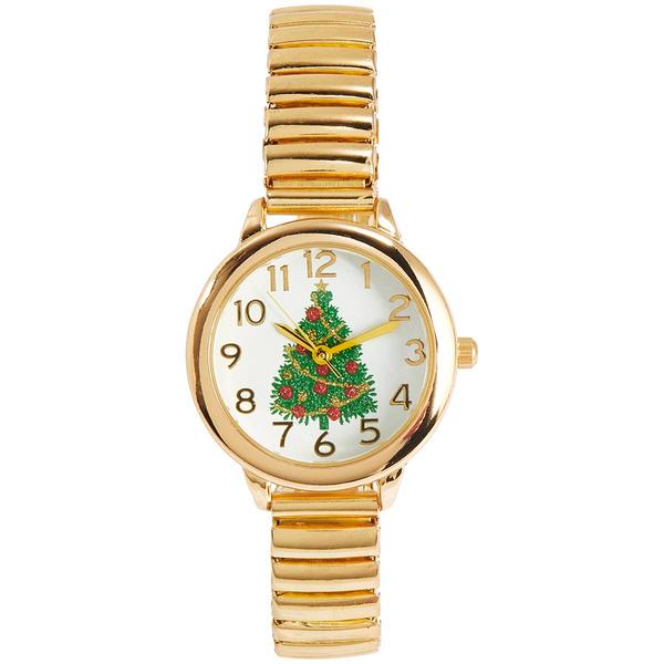 Womens Gold Stretch Band Glitter Holiday Tree Watch - AF129B - image 
