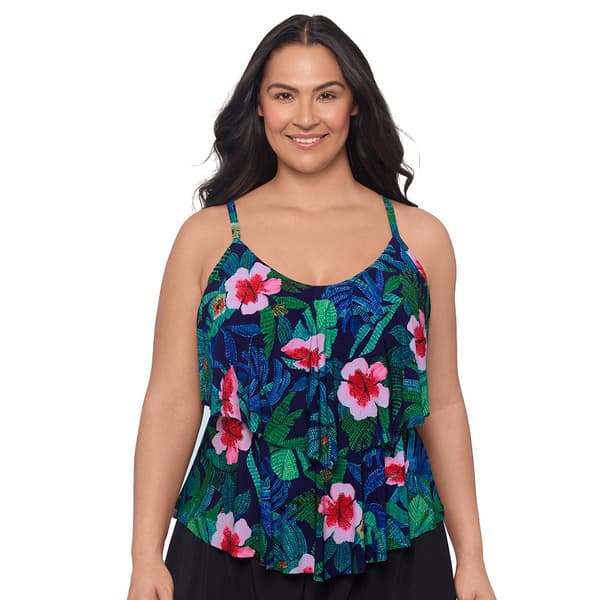 Plus Size TrimShaper Ronnie Jungle Oasis Tankini Swim Top - image 