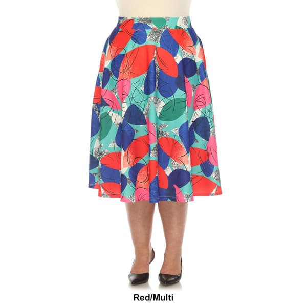 Plus Size White Mark Leaf Print Flared Midi Skirt