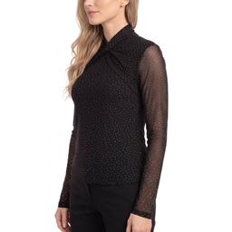 Womens NY Collection Long Sleeve Wrap Neck Rhinestone Blouse