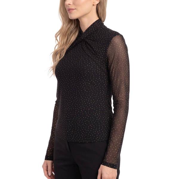 Womens NY Collection Long Sleeve Wrap Neck Rhinestone Blouse