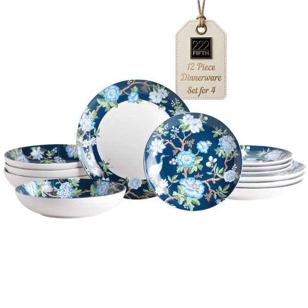 222 Fifth Nightingale 12pc Blue Florals Porcelain Dinnerware Set