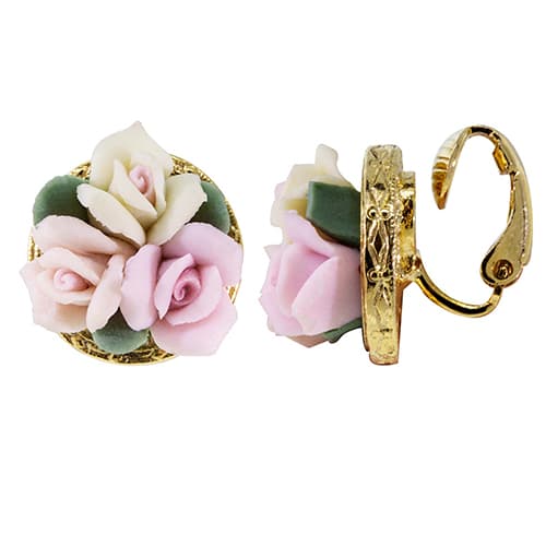 1928 Gold Tone 3 Flower Porcelain Flower Clip On Earrings - image 