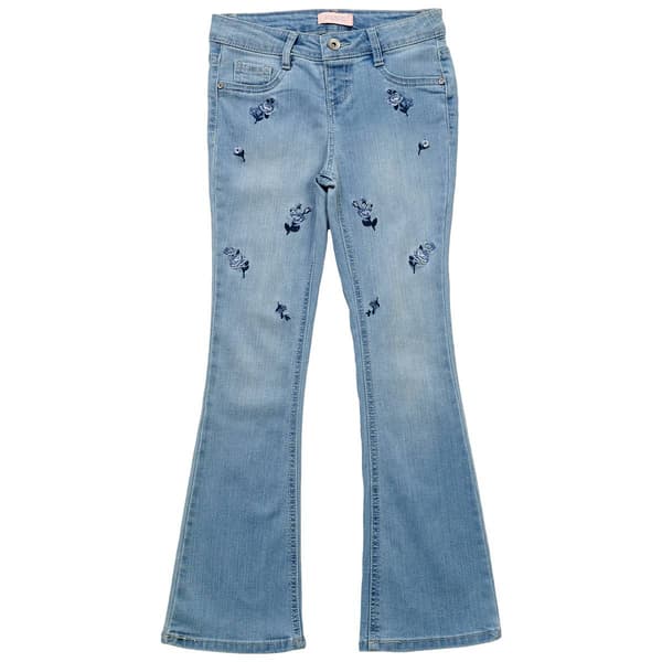 Girls (7-12) Squeeze Flare Jeans w/ Embroidered Navy Roses - image 