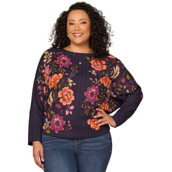 Plus Size Democracy Long Sleeve Boat Neck Floral Sweater - image 