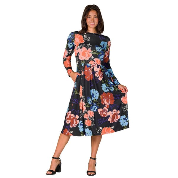 Womens 24/7 Comfort Apparel Black Floral Midi Pocket Dress