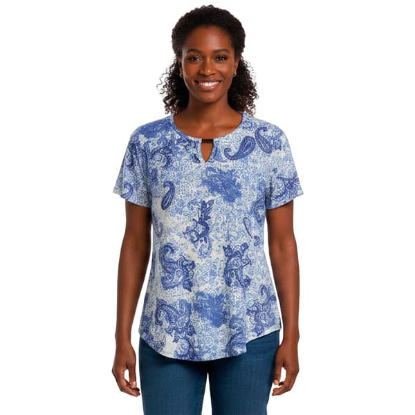 Womens Notations Short Sleeve Paisley Keyhole Neck Blouse - image 