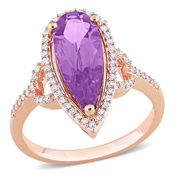 Gemstones Classics&#40;tm&#41; 14kt. Rose Gold Pear Amethyst Halo Ring - image 