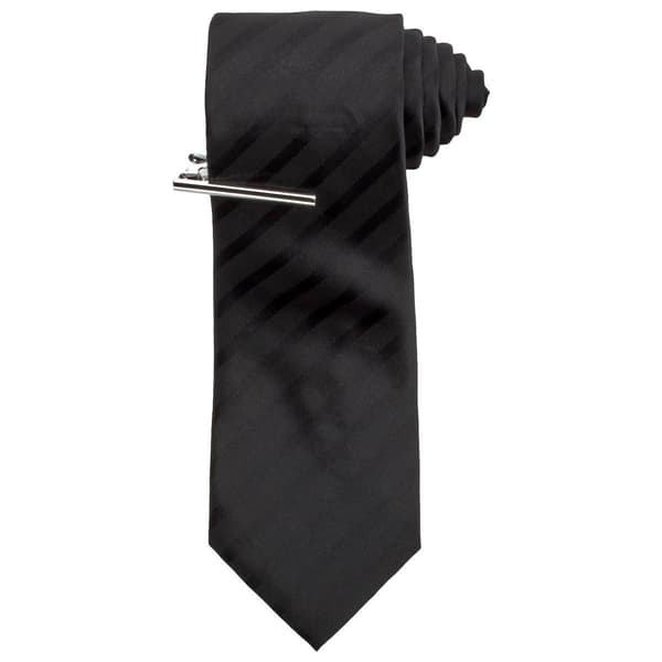Mens Bill Blass Solid Stripe Tie & Tie Bar - image 