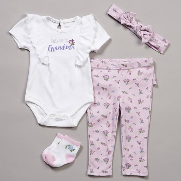 Baby Girl (3-9M) Baby Essentials(R) 4pc. Floral Grandma Pant Set - image 