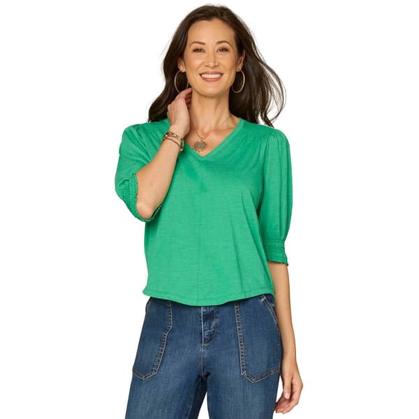 Plus Size Democracy Elbow Sleeve Scallop V Neck Blouse